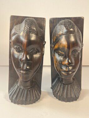 African Hand Carved Head Wood Bookends Solid Sese Mahogany Tribal Folk Art Vtg